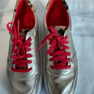 Metallic Silver Sneakers with Red Accents and Leopard Trim